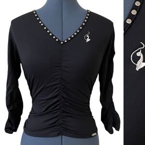 VTG Baby Phat Women's Black Silver Studded Ruched Crop‎ Top Hip Hop Skater Y2K L